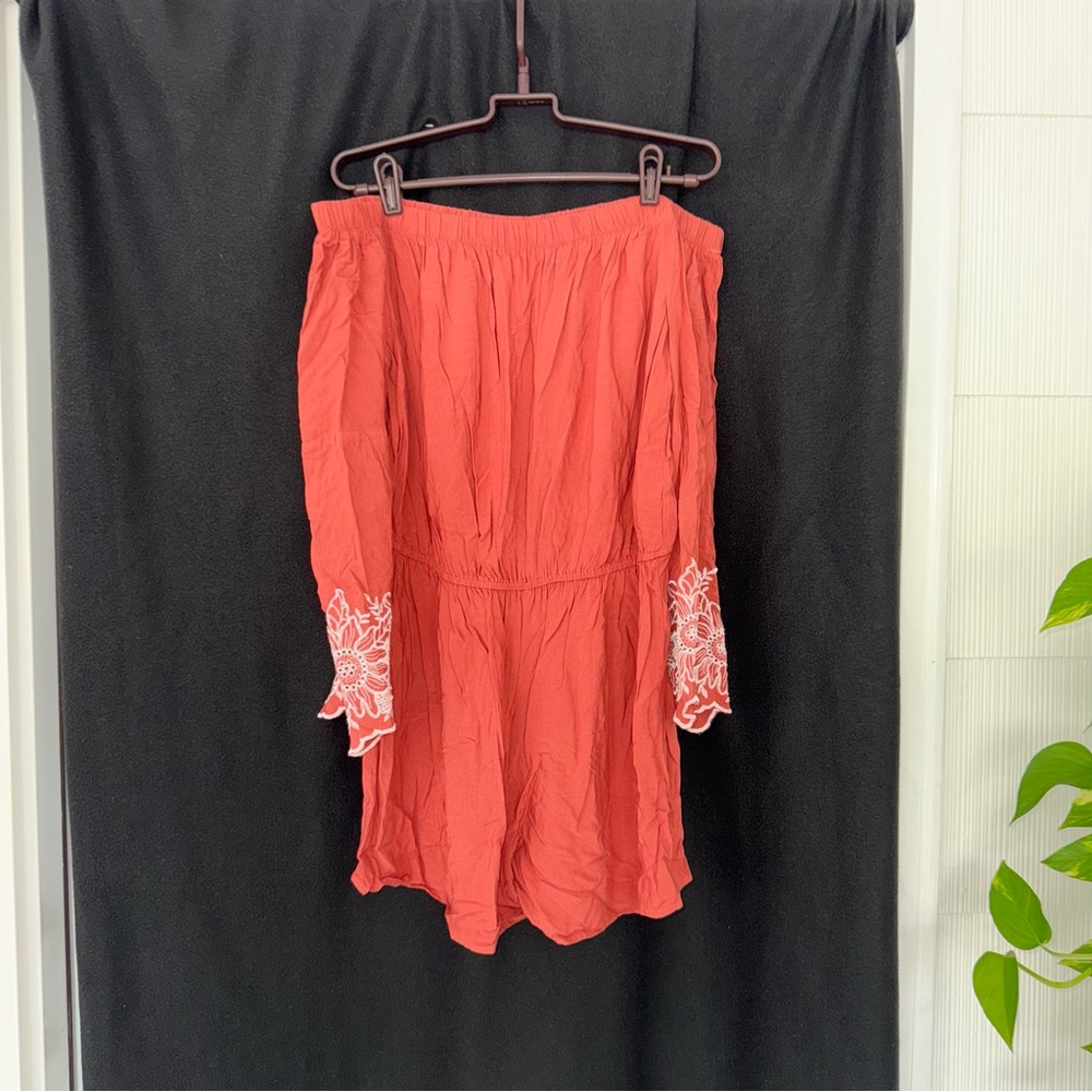 Off-Shoulder Red Dress with White Embroidery
